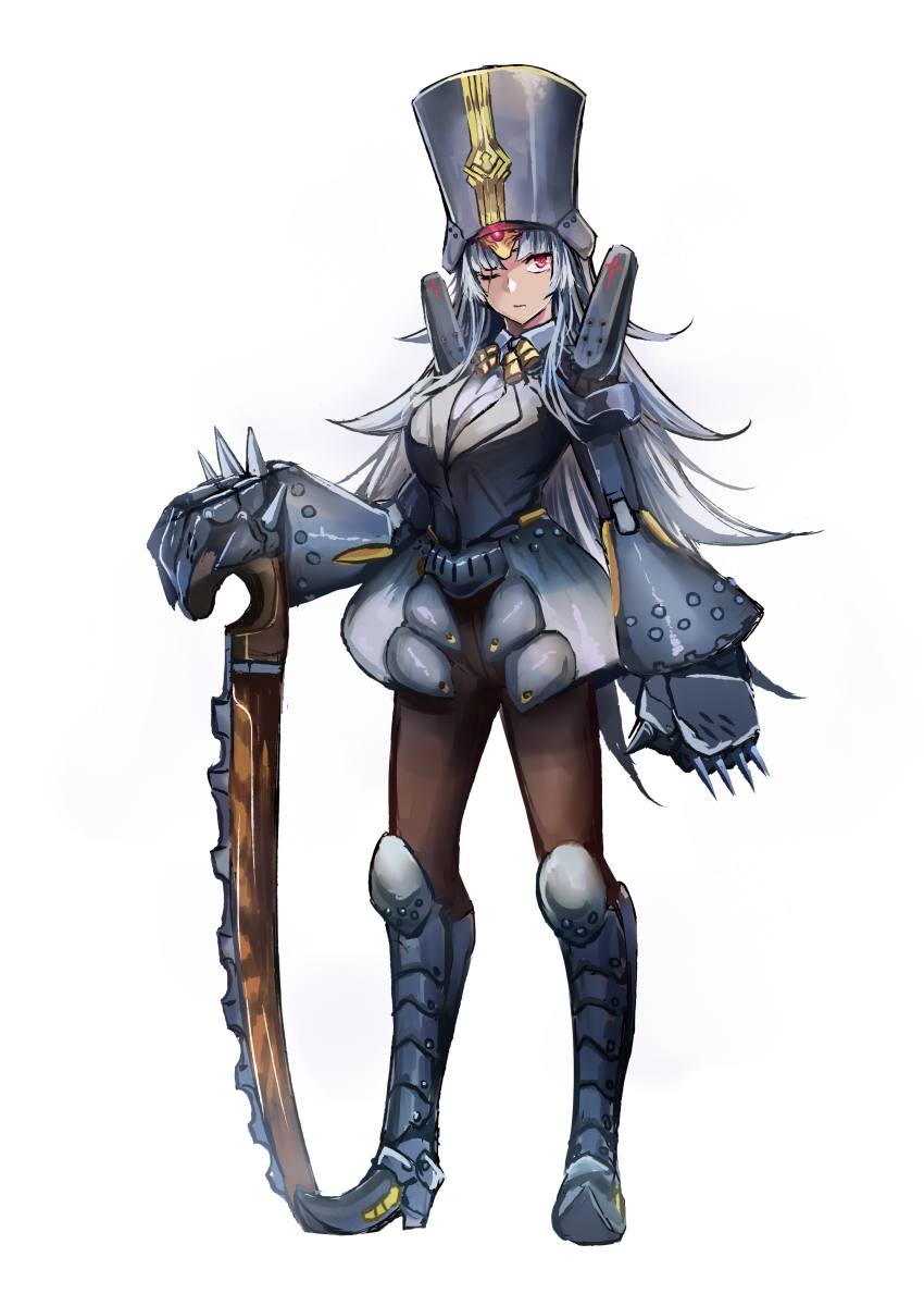 1girl absurdres armor charles_babbage_(fate) chinese_commentary commentary_request fate/grand_order fate_(series) faulds full_body gauntlets genderswap genderswap_(mtf) greaves helmet highres jeffrey10 long_hair looking_at_viewer pants red_eyes scar scar_across_eye scar_on_face silver_hair simple_background standing sword weapon white_background