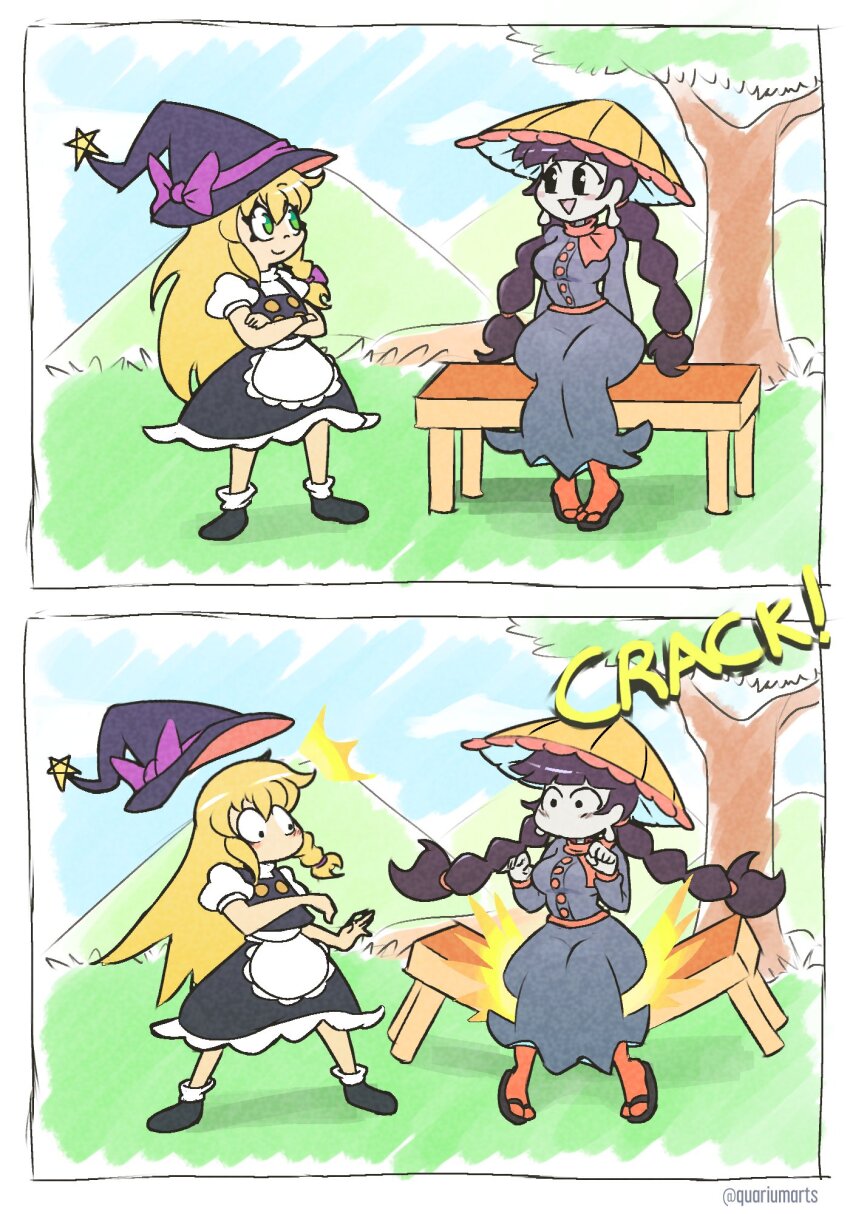 2girls ajirogasa apron arms_behind_back bench black_hair black_hat black_sandals black_shoes black_skirt black_vest blonde_hair breaking breasts buttons capelet crossed_arms green_eyes grey_shirt grey_skirt hat hat_ornament hat_ribbon highres kirisame_marisa long_earlobes long_hair long_skirt low_ponytail multiple_girls orange_socks outdoors pale_skin ponytail puffy_short_sleeves puffy_sleeves purple_ribbon quarium red_capelet ribbon sandals shirt shoes short_sleeves sitting skirt smile socks standing star_(symbol) star_hat_ornament surprised thick_thighs thighs touhou tree vest waist_apron white_shirt wide_hips witch_hat yatadera_narumi