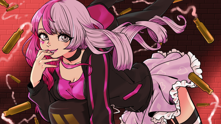 #compass 1girl black_jacket brick_wall bullet choker grey_eyes highres jacket long_hair long_sleeves looking_at_viewer megumegu mini_(minimilk) multicolored_hair official_art parted_lips pink_hair pink_skirt single_drill skirt solo split-color_hair two-tone_hair