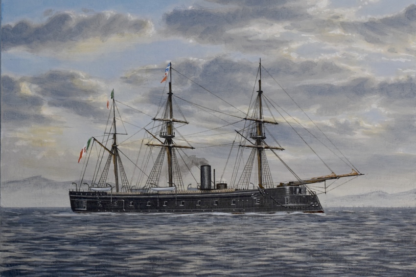 acrylic_paint_(medium) atelier_bono blue_sky cannon cloud cloudy_sky flag highres ironclad italian_kingdom_flag mast military_vehicle no_humans ocean original painting_(medium) palestro_(ironclad) regia_marina ship ship_turret sky smokestack traditional_media vehicle_focus warship watercraft weapon