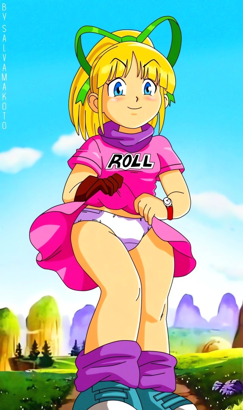 1girl android blonde_hair blue_eyes blue_footwear blush bow breasts bulma bulma_(cosplay) capcom clothes_lift cloud cosplay dragon_ball dress dress_lift female_focus grass hair_bow highres hill long_hair looking_at_viewer loose_socks mega_man_(classic) mega_man_(series) panties pink_dress ponytail ribbon robot rock roll_(mega_man) salvamakoto shoes short_sleeves sky small_breasts smile sneakers socks tree underwear watch white_panties