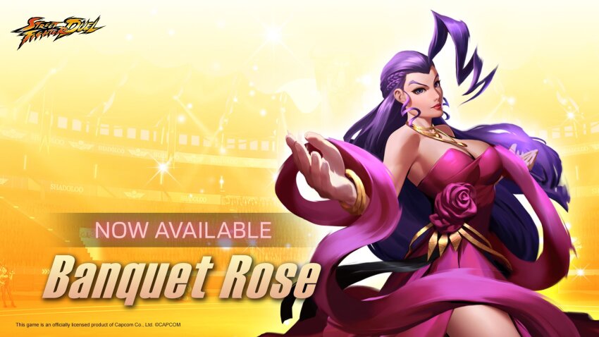 bare_shoulders belt bracelet character_name closed_mouth colosseum commentary company_name copyright_name copyright_notice dress english_commentary english_text evening_gown flower gold_bracelet highres impossible_hair jewelry long_hair necklace official_alternate_costume official_art purple_flower purple_hair purple_rose purple_scarf red_lips rose rose_(street_fighter) scarf standing street_fighter street_fighter:_duel very_long_hair