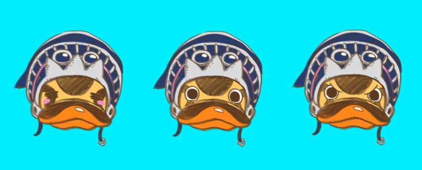 angry animal animal_focus bird blue_background blush_stickers commentary_request creature creature_focus duck goggles goggles_on_headwear hat highres karoo_(one_piece) looking_at_viewer multiple_views one_piece portrait simple_background yuu_sz37