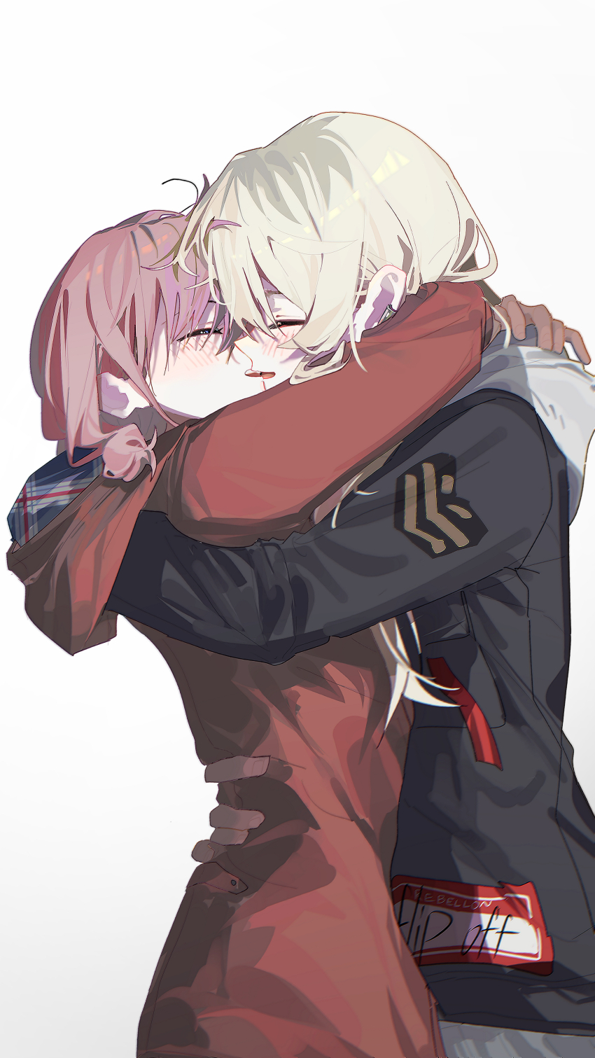 2girls absurdres arms_around_neck black_jacket blush closed_eyes coat commentary girls_band_cry grey_hair hand_on_another&#039;s_waist highres hug iseri_nina jacket kawaragi_momoka kiss long_hair multiple_girls red_coat red_hair short_twintails simple_background smile twintails white_background ydpfa yuri