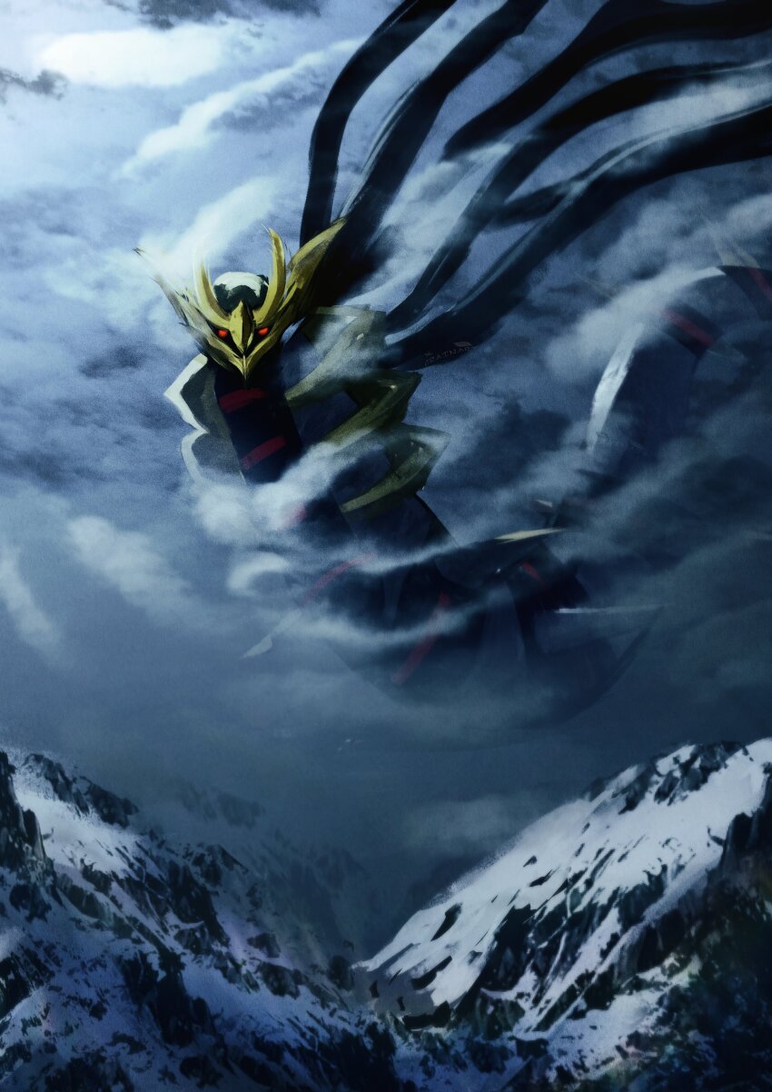 1other absurdres cloud cloudy_sky crain1art gen_4_pokemon giratina grey_sky highres legendary_pokemon looking_at_viewer mountain nintendo no_humans outdoors pokemon pokemon_(creature) red_eyes scenery sky snow solo