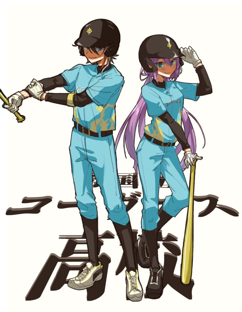 1boy 1girl alternate_costume arm_up baseball_bat baseball_helmet baseball_jersey baseball_uniform belt belt_buckle black_footwear black_hair black_helmet black_shirt black_socks blue_eyes blue_pants blue_shirt blush breasts brown_belt buckle closed_eyes closed_mouth clothes_writing commentary_request eyelashes gloves green_eyes grey_hair hair_between_eyes hand_on_own_arm hat_tip heel_up helmet highres holding holding_baseball_bat jersey jun_(jnnnn) kneehighs legs_apart long_bangs long_hair long_sleeves looking_at_viewer looking_to_the_side low_twintails medium_hair nijisanji orange_hair pants planted print_shirt purple_hair saegusa_akina sakura_ritsuki shirt shoes short_sleeves side-by-side sideways_glance simple_background small_breasts smile sneakers socks socks_over_pants sportswear standing twintails very_long_hair virtual_youtuber white_background white_footwear white_gloves