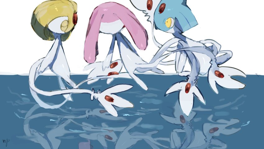 azelf closed_eyes closed_mouth gen_4_pokemon highres legendary_pokemon looking_at_another mesprit nintendo no_humans np_(0wzsyvlnp78) pokemon pokemon_(creature) reflection reflective_water uxie water yellow_eyes