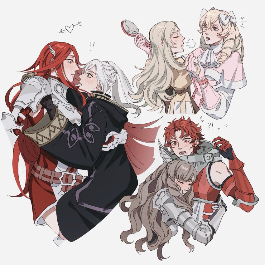 !? 6+girls alternate_hairstyle armor armored_dress black_gloves black_robe blonde_hair blush bow breastplate commentary cordelia_(fire_emblem) cropped_torso dress drill_hair english_commentary eye_contact female_robin_(fire_emblem) fire_emblem fire_emblem_awakening gauntlets gloves grey_hair hair_bow hair_brush hair_ornament highres hood hood_down hooded_robe hug lissa_(fire_emblem) long_hair looking_at_another maribelle_(fire_emblem) multiple_girls nintendo profile red_eyes red_hair robe seirorath short_hair simple_background sully_(fire_emblem) sumia_(fire_emblem) sweatdrop twin_drills twintails white_background white_bow white_hair wing_hair_ornament yuri