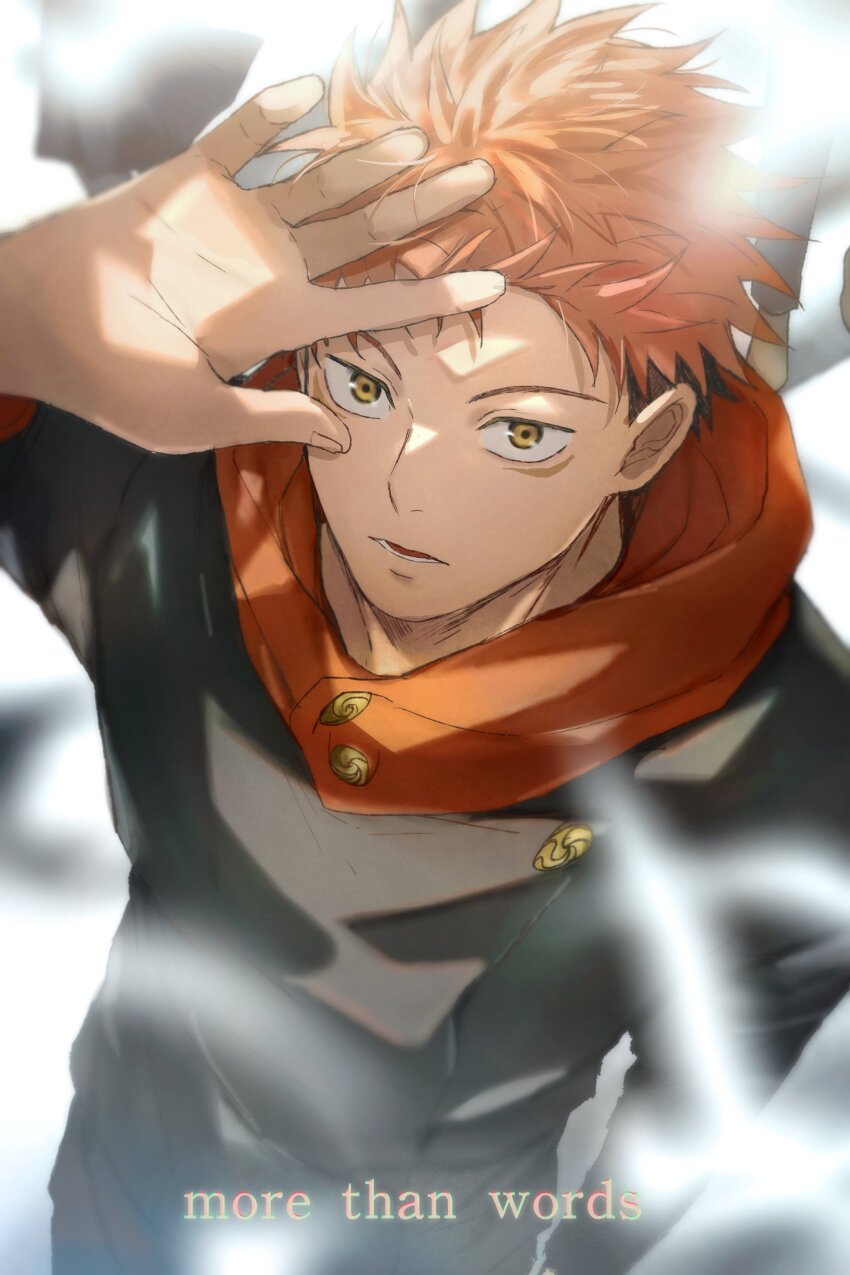 1boy absurdres arm_at_side arm_up english_text from_above highres itadori_yuuji jujutsu_kaisen looking_at_viewer lower_teeth_only male_focus open_mouth outstretched_hand pink_hair short_hair solo teeth yellow_eyes yoon_(dmsco1803)