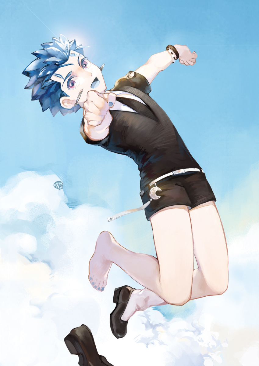 1boy black_neckwear black_shorts blue_hair blue_nails blue_tongue collared_shirt colored_tongue crescent cu_chulainn_(fate) cu_chulainn_(fate/stay_night) day fate/grand_order fate/stay_night fate_(series) floating gem_uniform_(houseki_no_kuni) guttia highres houseki_no_kuni jumping long_hair male_focus nail_polish ponytail purple_eyes shirt shoe_loss shoes short_shorts shorts sky solo toenail_polish toenails unworn_shoe unworn_shoes