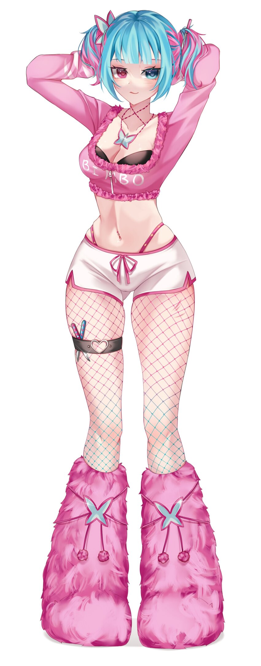 1girl absurdres arms_behind_head arms_up black_bra blue_eyes blue_hair boots bra breasts cleavage closed_mouth collarbone crop_top dolphin_shorts drawstring fishnet_pantyhose fishnets full_body fur_boots fur_trim gluteal_fold hair_ornament heterochromia highleg highres hiroside indie_virtual_youtuber jewelry knee_boots long_hair long_sleeves looking_at_viewer medium_breasts midriff multicolored_hair navel navel_piercing necklace panty_straps pantyhose piercing pink_eyes pink_hair pink_shirt rafilia_(vtuber) second-party_source shirt short_shorts short_twintails shorts simple_background skindentation smile solo standing stomach thigh_strap thighs twintails two-tone_hair underwear virtual_youtuber white_background white_shorts zipper