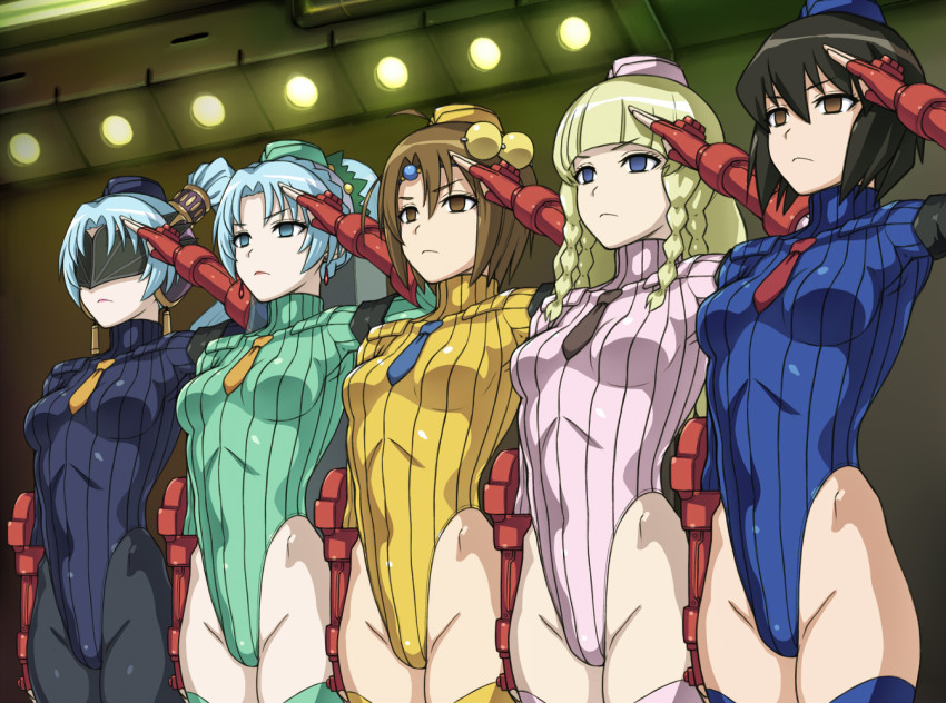 5girls alternate_color ass black_hair black_legwear black_neckwear blindfold blonde_hair blue_eyes blue_hair blue_headwear blue_leotard blunt_bangs bob_cut bodypaint braid breasts brown_eyes brown_hair cammy_white cammy_white_(cosplay) chloe_valens commentary_request corruption cosplay cowboy_shot crown_braid dark_persona decapre decapre_(cosplay) earrings empty_eyes fingerless_gloves garrison_cap gloves green_headwear green_leotard grune_(tales) hai_(h81908190) hair_bobbles hair_ornament hands_on_own_hips hat heattech_leotard highleg highleg_leotard indoors jewelry leotard long_hair multiple_girls necktie norma_beatty pantyhose pink_headwear pink_leotard ponytail red_gloves ribbed_leotard salute schwartz shadaloo_dolls shirley_fennes short_hair similar_clothes sleeved_leotard small_breasts standing street_fighter street_fighter_zero_(series) tales_of_(series) tales_of_legendia turtleneck white_hair yellow_headwear yellow_leotard yellow_neckwear