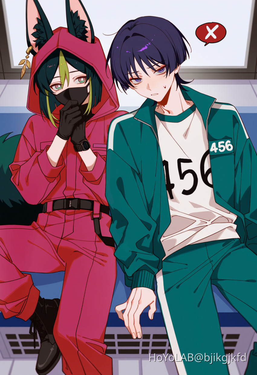 2boys alternate_costume alternate_universe animal_ear_piercing animal_ears aqua_jacket aqua_pants belt bishounen bjikgjkfd black_belt black_boots black_hair black_mask boots breast_pocket bright_pupils crossover ears_through_hood feet_out_of_frame from_above genshin_impact green_hair hands_up highres hood hood_up hooded_jumpsuit hoyolab_username jacket jumpsuit long_sleeves looking_at_another looking_at_viewer male_focus mask mouth_mask multiple_boys no_headwear open_clothes open_jacket own_hands_together pants parted_lips pink_jumpsuit pocket purple_hair scaramouche_(genshin_impact) shirt shoulder-to-shoulder side-by-side sitting spoken_x squid_game sweatdrop tighnari_(genshin_impact) wanderer_(genshin_impact) white_pupils white_shirt worker_(squid_game)