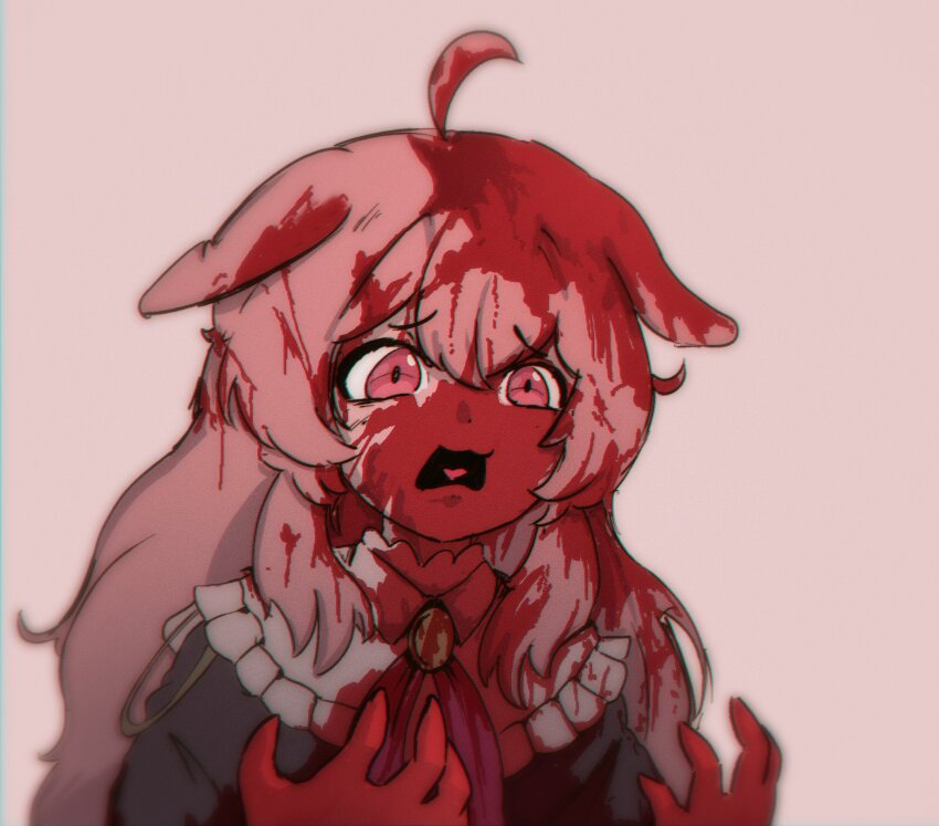 1girl ahoge animal_ears black_sweater blood blood_on_clothes blood_on_face commentary confused english_commentary frills gold_necklace h@nk highres invincible_(series) jewelry long_hair meme neckerchief necklace open_mouth phase_connect pink_eyes pink_hair pipkin_pippa pipkin_pippa_(shipkin_shippa) rabbit_ears rabbit_girl red_ribbon ribbon scared solo surprised sweater virtual_youtuber