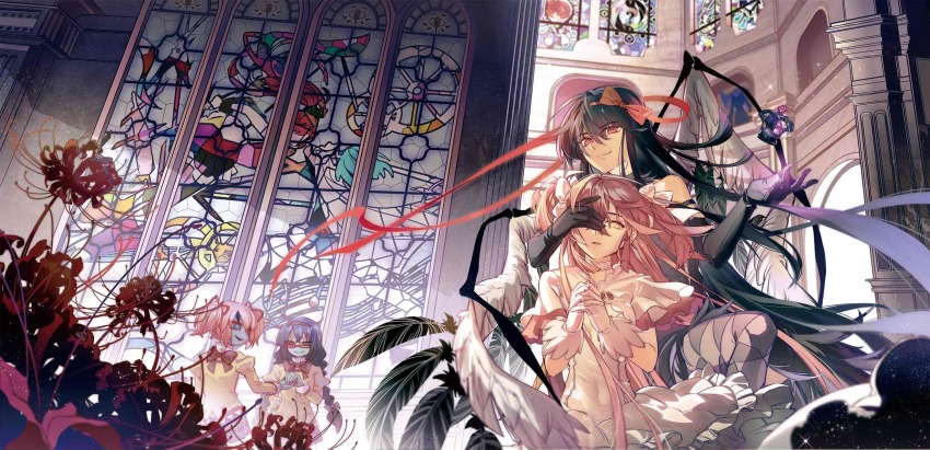 2girls akemi_homura akuma_homura architecture argyle_clothes argyle_legwear backlighting bare_shoulders black_gloves black_hair black_hairband black_skirt black_wings braid choker clara_dolls_(madoka_magica) closed_mouth covered_navel covering_another&#039;s_eye covering_one_eye dark_orb_(madoka_magica) dress elbow_gloves evil_smile expressionless eyes_visible_through_hair feathered_wings flat_chest floating_hair flower frilled_dress frills glasses gloves grey_legwear hair_ribbon hairband half-closed_eyes hand_on_another&#039;s_face hand_up hands_up highres holding_hands indoors juliet_sleeves kaname_madoka kyubey layered_dress layered_sleeves light_particles long_hair long_sleeves looking_at_viewer mahou_shoujo_madoka_magica mahou_shoujo_madoka_magica:_hangyaku_no_monogatari miki_sayaka miki_sayaka_(magical_girl) mitakihara_school_uniform multiple_girls one_eye_covered own_hands_clasped own_hands_together palace parted_lips pink_hair plaid_clothes plaid_skirt pleated_skirt puffy_sleeves purple_eyes red-framed_eyewear red_flower red_ribbon ribbon ringed_eyes sakura_kyoko sakura_kyoko_(magical_girl) school_uniform skirt smile soul_gem sparkle spider_lily stained_glass sunlight thighhighs twin_braids twintails two_side_up ultimate_madoka very_long_hair white_choker white_dress white_gloves white_ribbon white_wings wide_sleeves window wings yellow_eyes zgxuke