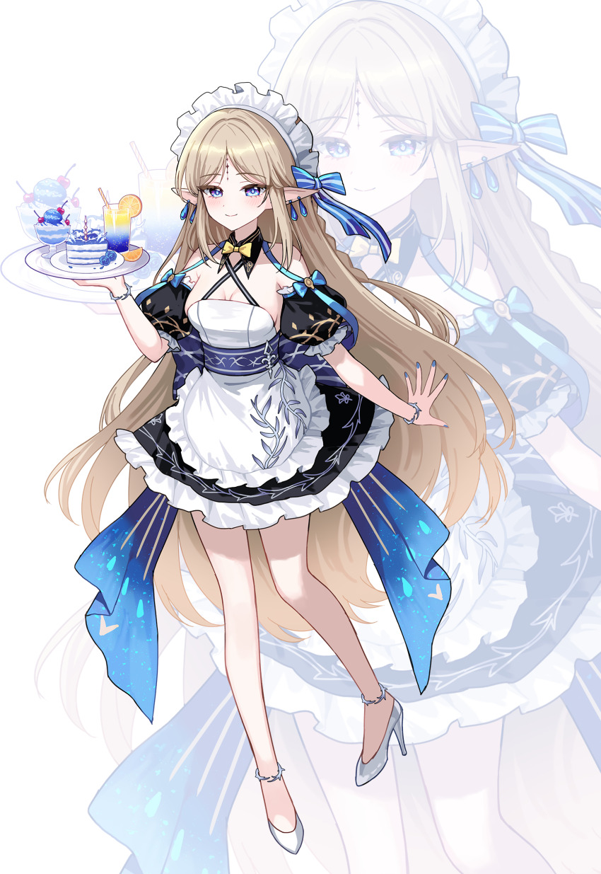 1girl absurdres alternate_costume bare_shoulders black_dress blue_bow blush bow breasts cake cake_slice cartethyia_(wuthering_waves) cleavage closed_mouth commentary cup dress drinking_glass earrings enmaided food fruit hair_bow high_heels highres holding holding_plate ice_cream jewelry kyundoo large_breasts looking_at_viewer maid maid_headdress multiple_views orange_(fruit) orange_slice parted_bangs plate pointy_ears shoes smile solo sundae tacet_mark_(wuthering_waves) white_shoes wuthering_waves zoom_layer