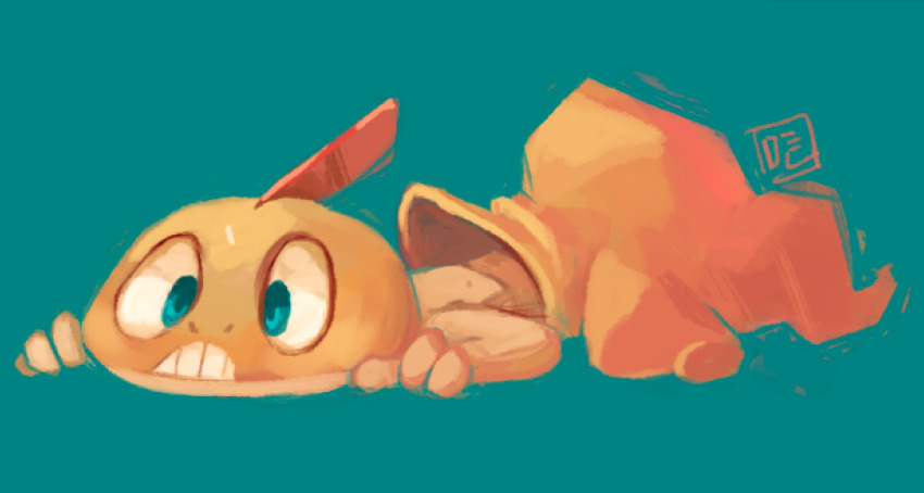 blue_background blue_eyes creature delano-laramie frown full_body gen_5_pokemon lying nintendo no_humans on_stomach pokemon pokemon_(creature) pokemon_focus scraggy simple_background solo