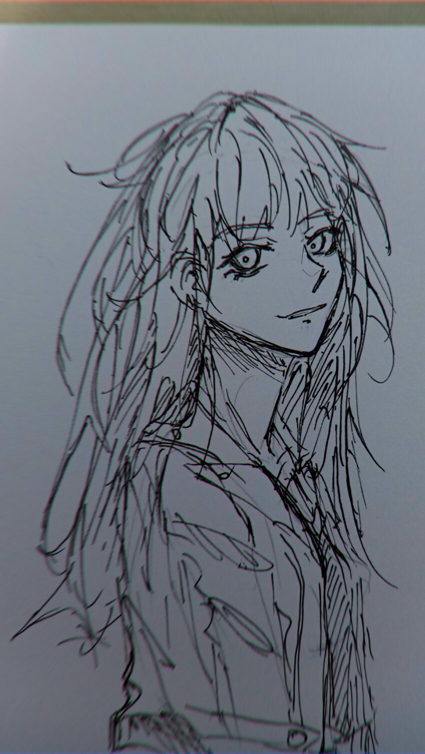 1girl commentary dyaursie00 english_commentary from_side grey_background greyscale highres jacket looking_at_viewer messy_hair monochrome original parted_lips pen_(medium) portrait simple_background sketch solo traditional_media unfinished
