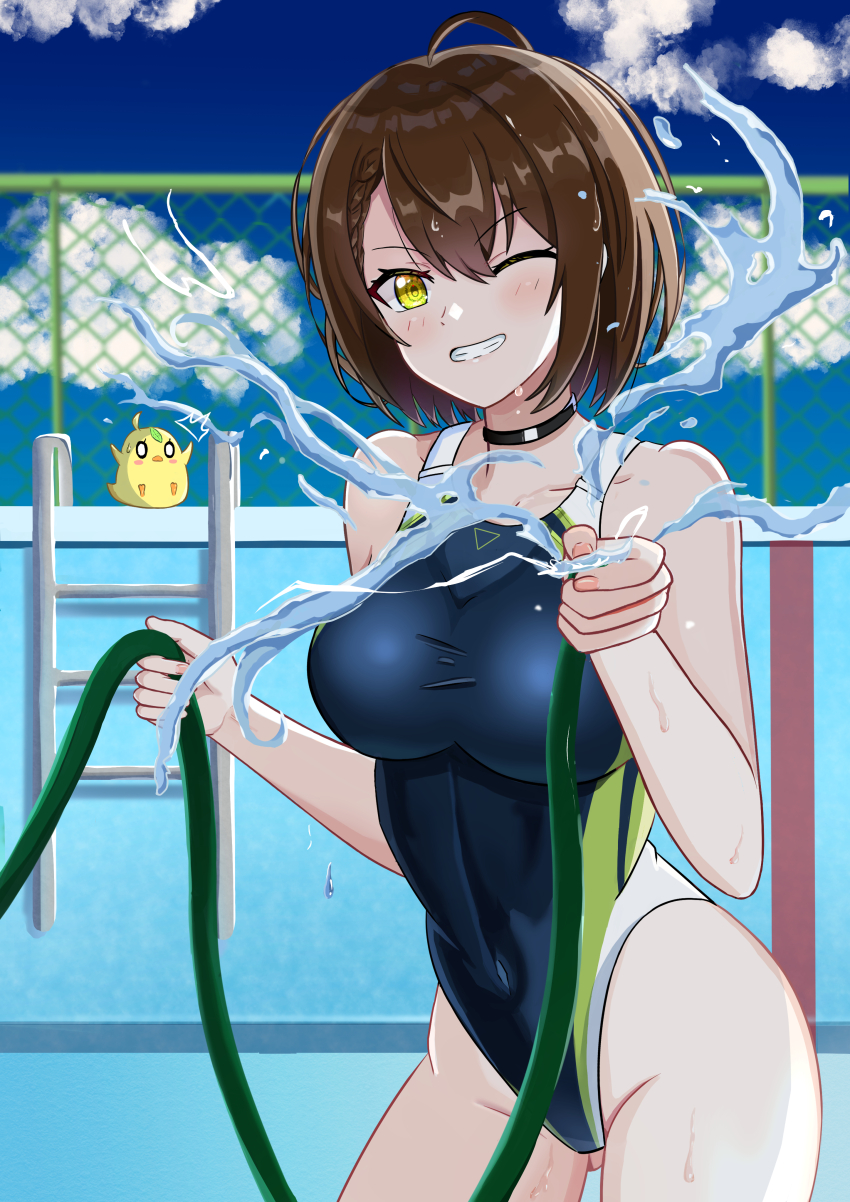 1girl absurdres ahoge azur_lane baltimore_(azur_lane) bird blue_one-piece_swimsuit blue_sky breasts brown_hair chick cloud competition_swimsuit covered_navel day ebizen empty_pool grin highres holding holding_hose hose manjuu_(azur_lane) medium_breasts one-piece_swimsuit outdoors pool pool_ladder short_hair sky smile standing swimsuit water yellow_eyes