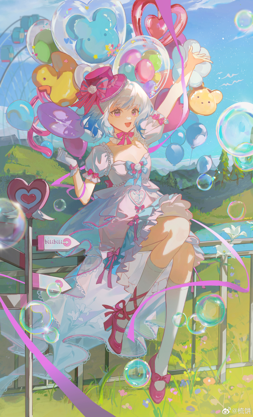 1girl :d absurdres animal_balloon arm_up balloon bear_balloon bird blue_hair blue_sky bow breasts bubble cleavage day dress duck_balloon flower_balloon full_body gloves hat heart_balloon highres holding kneehighs looking_at_viewer medium_breasts open_mouth original outdoors pink_eyes puffy_short_sleeves puffy_sleeves purple_eyes ribbon shoes short_hair short_sleeves shu_bing sky smile socks solo white_dress white_hair white_socks