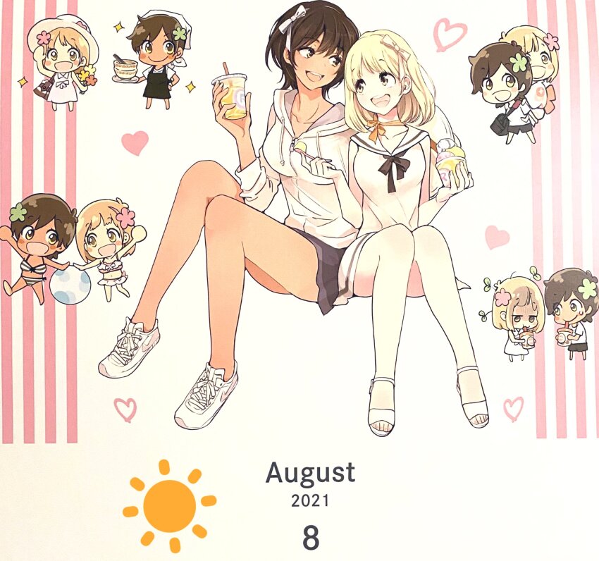 2girls asagao_to_kase-san bikini blonde_hair brown_hair calendar_(medium) chibi dress drinking food full_body happy highres hood hoodie ice_cream kase_tomoka multiple_girls multiple_views official_art sailor_dress shoes short_hair smile sneakers sun swimsuit takashima_hiromi tan tomboy yamada_yui yuri zipper