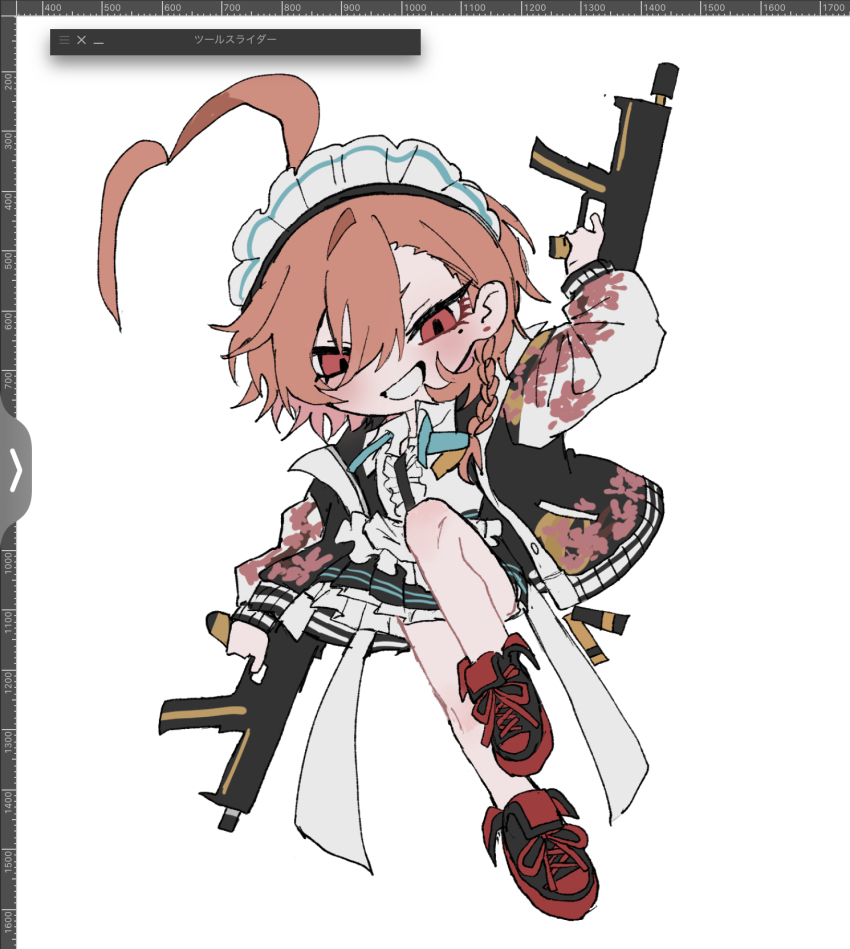 1girl :d ahoge apron black_skirt blue_archive blush braid center_frills chibi chibi_only collared_shirt commentary_request dual_wielding fighting_stance frilled_apron frilled_shirt frills full_body grin gun hair_between_eyes hand_up highres holding holding_gun holding_weapon huge_ahoge jacket knee_up maid maid_headdress miniskirt mole mole_under_each_eye mole_under_eye multiple_moles neru_(blue_archive) open_clothes open_jacket open_mouth orange_hair pleated_skirt red_eyes red_shoes shirt shoes short_hair single_braid skirt smile sneakers solo spiked_hair sukajan v-shaped_eyebrows waist_apron weapon white_apron white_jacket white_shirt yuni_(_nx_xn9)