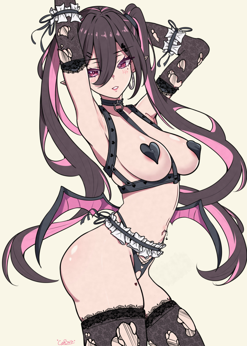 1girl absurdres areola_slip arm_ribbon armband armpits arms_up black_gloves black_panties black_pasties black_ribbon black_thighhighs black_wings blush breasts brown_hair chest_harness clothing_cutout collarbone commentary coubalty covered_erect_nipples demon_wings earrings elbow_gloves english_commentary frilled_armband frills gloves hair_between_eyes hair_ornament hairclip harness heart heart-shaped_mole heart_cutout heart_hair_ornament heart_pasties highres hoop_earrings jewelry lace lace-trimmed_gloves lace-trimmed_thighhighs lace_trim large_breasts long_hair mole mole_on_thigh mole_under_eye multicolored_hair navel navel_piercing o-ring o-ring_thigh_strap original panties parted_lips pasties piercing pink_eyes pink_hair pink_lips pink_wings pointy_ears ribbon shiny_skin signature simple_background solo stomach streaked_hair thigh_strap thighhighs thighs torn_clothes torn_gloves torn_thighhighs twintails two-tone_hair two-tone_wings underwear white_background wings