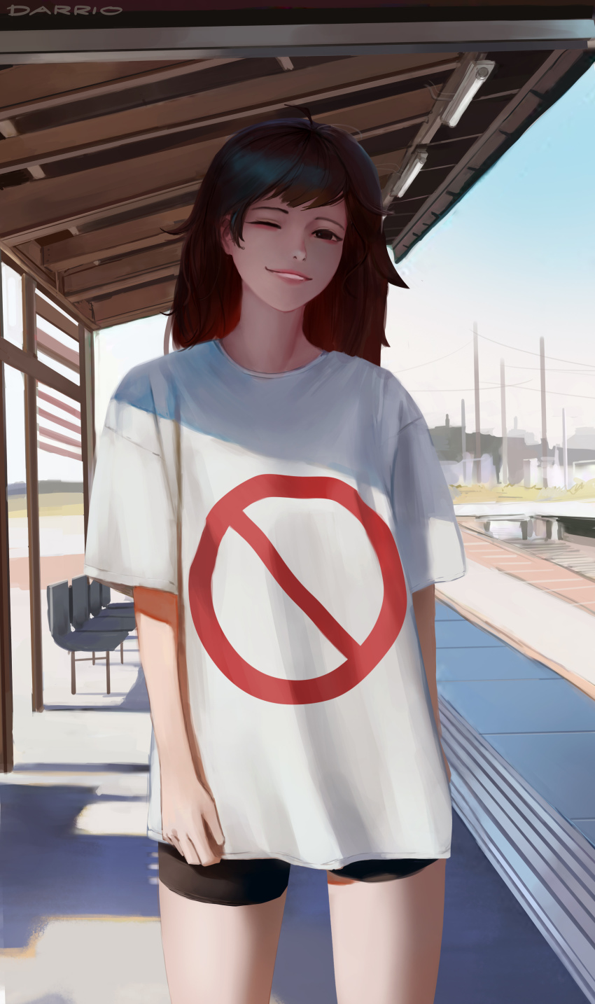 1girl ;) absurdres bike_shorts boyfriend_(friday_night_funkin&#039;) boyfriend_(friday_night_funkin&#039;)_(cosplay) brown_hair cosplay cowboy_shot darr1o day friday_night_funkin&#039; girlfriend_(friday_night_funkin&#039;) grin highres looking_at_viewer loose_clothes loose_shirt no_symbol one_eye_closed outdoors realistic shirt smile solo t-shirt train_station white_shirt