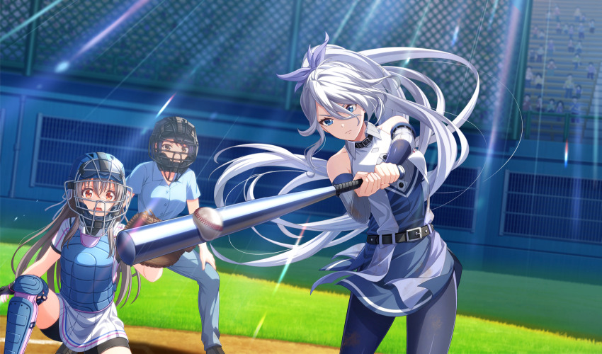 3girls ball baseball baseball_(object) baseball_bat baseball_glove baseball_stadium baseball_uniform bike_shorts_under_skirt black_gloves black_pantyhose black_shorts black_undershirt blue_eyes blue_shirt bow brown_hair catcher&#039;s_mask catcher_(baseball) chest_protector cinderella_series closed_mouth detached_sleeves dress fingerless_gloves game_cg gloves grey_pants hachigatsu_no_cinderella_nine hair_bow hair_over_one_eye hair_ribbon high_ponytail highres holding holding_baseball_bat kusakari_rena long_hair looking_at_object metal_baseball_bat multiple_girls non-web_source official_art open_mouth orange_eyes outdoors pants pantyhose playing_sports pleated_skirt ponytail purple_bow ribbon satogahama_baseball_uniform shiina_yukari_(hachigatsu_no_cinderella_nine) shin_guards shirt shirt_under_shirt short_sleeves shorts skirt sleeveless sleeveless_dress sportswear striped_clothes striped_shirt umpire v-shaped_eyebrows vertical-striped_clothes vertical-striped_shirt white_hair white_ribbon