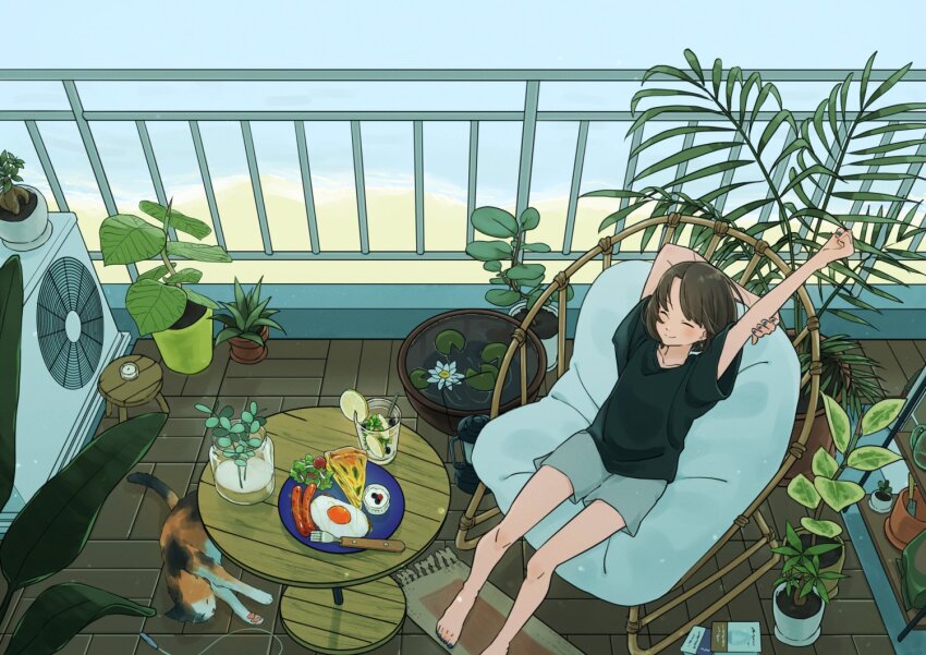 1girl arm_up arms_behind_head balcony bare_legs barefoot black_shirt blue_nails book brown_hair cat chair closed_eyes closed_mouth collarbone condenser_unit cup drinking_glass facing_viewer feet fern food fork fried_egg grey_shorts legs_apart lily_pad matsumine_(twin-mix) nail_polish original outdoors plant plate potted_plant quiche sausage shirt short_hair short_sleeves shorts slice_of_life smile solo stretching table tile_floor tiles toenail_polish toenails toes trowel wide_shot wooden_table