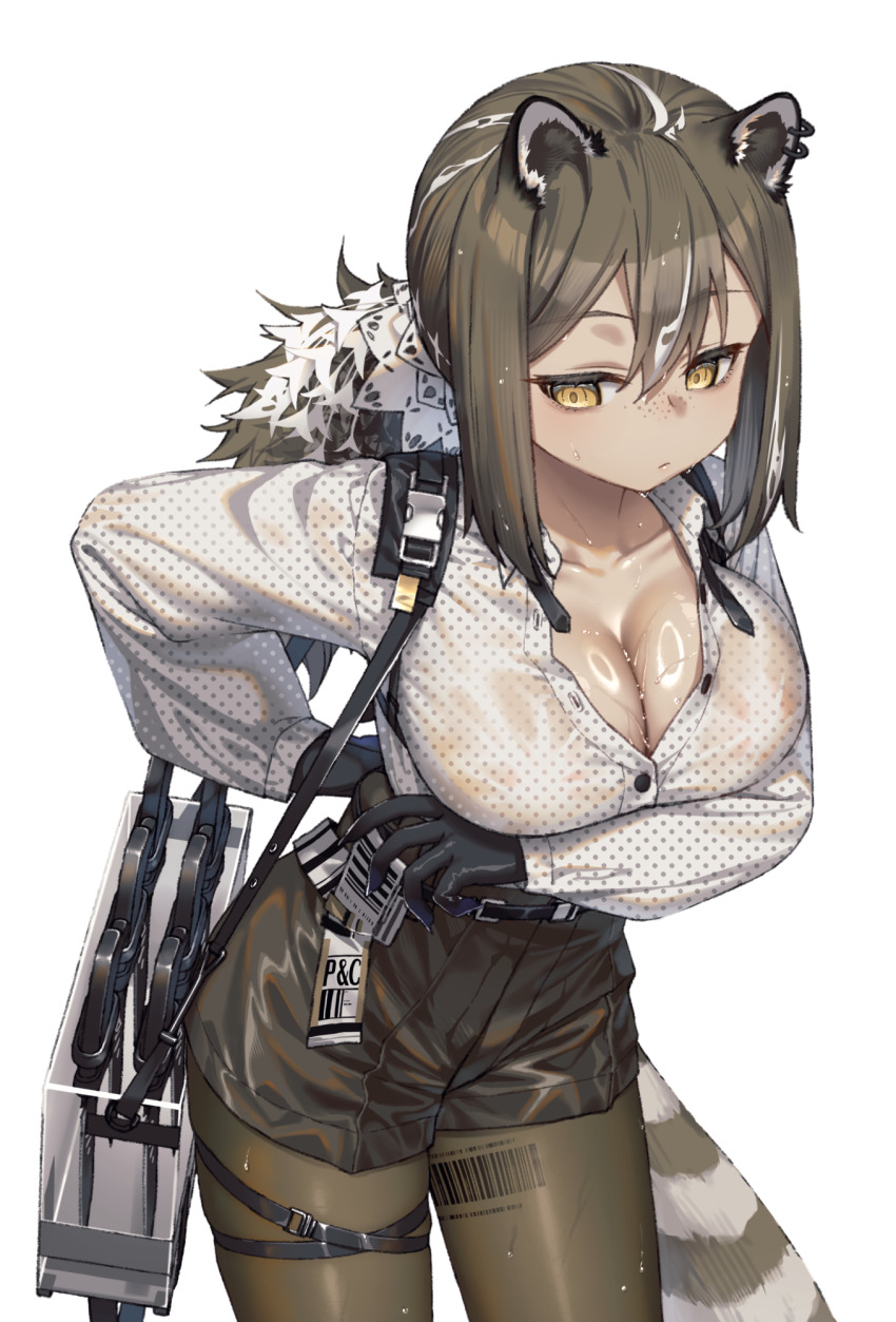 1girl animal_ear_fluff animal_ears animal_hands arknights bag bags_under_eyes barcode black_gloves breasts brown_hair brown_pantyhose brown_shorts cleavage collarbone commentary covered_erect_nipples cowboy_shot cross_tie freckles gloves highres large_breasts long_hair long_sleeves megalateo multicolored_hair pantyhose pantyhose_under_shorts partially_unbuttoned polka_dot polka_dot_shirt ponytail puffy_long_sleeves puffy_sleeves raccoon_ears raccoon_girl raccoon_tail robin_(arknights) shirt shorts shoulder_bag simple_background solo standing strap streaked_hair tail thigh_strap undone_cross_tie unmoving_pattern wet wet_clothes wet_shirt white_shirt yellow_eyes