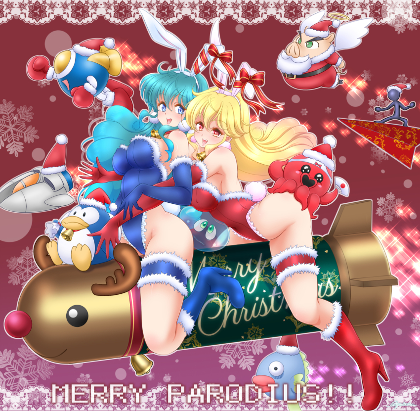 2girls akane_(parodius) angel angel_wings ayumu_(ayumumkrg) blonde_hair blue_eyes blue_leotard boots christmas feathered_wings frilled_leotard frills fur-trimmed_boots fur-trimmed_gloves fur-trimmed_leotard fur_trim gloves gradius green_hair halo hat high_heel_boots high_heels highres hikaru_(parodius) koitsu_(parodius) leotard mambo_(parodius) michael_(parodius) multiple_girls paper_airplane parodius pentarou pig playboy_bunny red_eyes red_leotard sack santa_boots santa_costume santa_hat spacecraft starfighter takosuke twinbee twinbee_(character) vic_viper white_wings wings