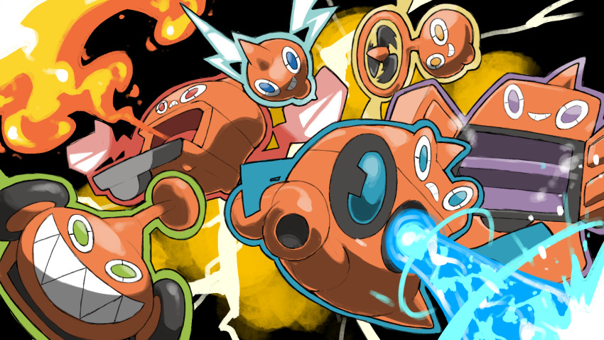 black_background blacknirrow blue_eyes electric_fan electricity fire gen_4_pokemon green_eyes highres hydro_pump_(pokemon) lawnmower nintendo no_humans overheat_(pokemon) pokemon pokemon_(creature) pokemon_focus pokemon_move purple_eyes red_eyes refrigerator rotom rotom_(fan) rotom_(frost) rotom_(heat) rotom_(mow) rotom_(normal) rotom_(wash) sharp_teeth smile teeth toaster_oven washing_machine water yellow_eyes