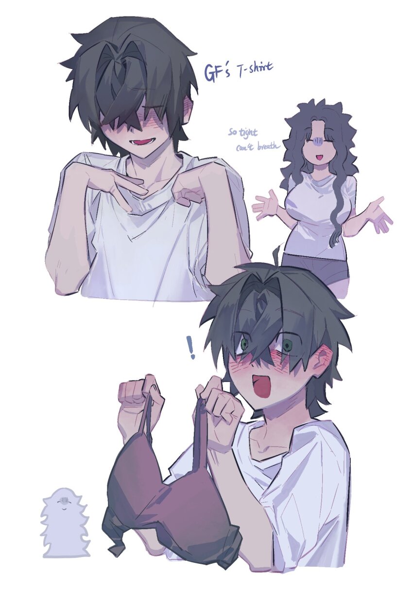 ! 1boy 1girl black_hair black_shorts blush bra breasts closed_eyes commentary cosplay costume_switch couple crossed_bangs degrees_of_lewdity english_commentary english_text green_eyes hair_between_eyes hanstrmoft hetero highres holding holding_bra holding_underwear holding_unworn_clothes kylar_(degrees_of_lewdity) kylar_(male)_(degrees_of_lewdity) long_hair multiple_views open_mouth player_character_(degrees_of_lewdity) red_bra shirt short_sleeves shorts simple_background sweat underwear white_background white_shirt