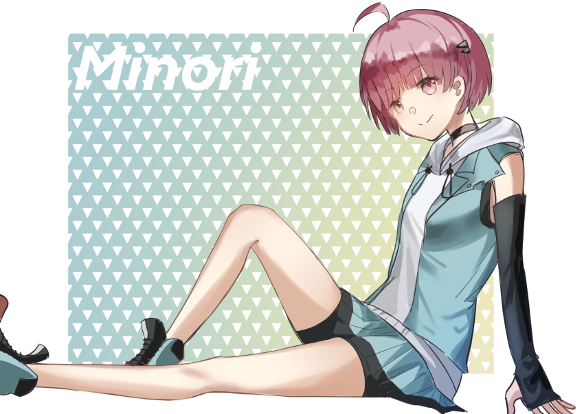 1girl ahoge bike_shorts_under_skirt black_gloves black_shorts elbow_gloves gloves hair_ornament heaven_burns_red highres hood kr_woyue ooshima_minori red_hair short_hair shorts sitting solo