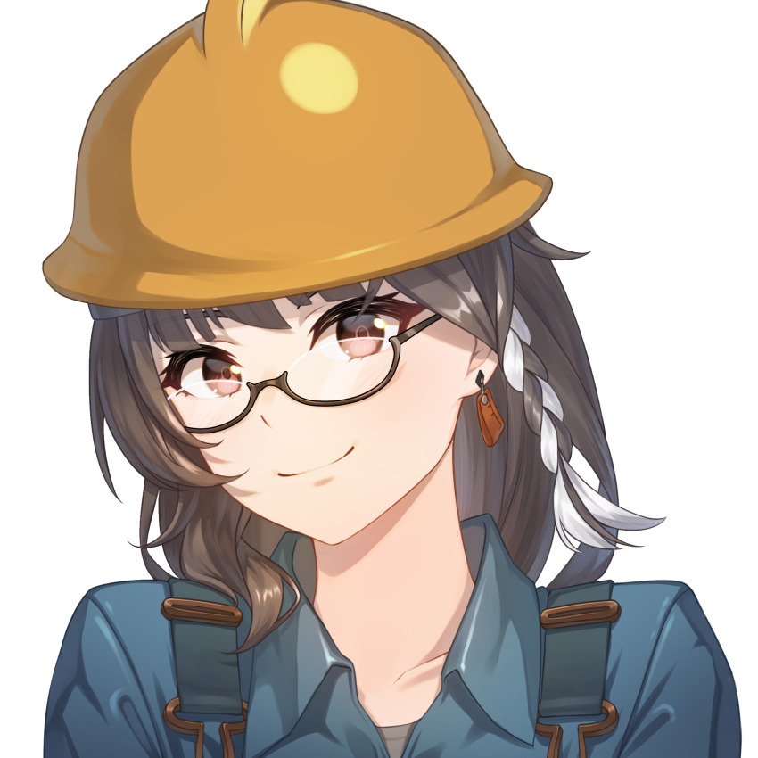 1girl acrylicstroke blu_engineer_(tf2) blue_shirt braid brown_eyes brown_hair closed_mouth collared_shirt commission commissioner_upload cosplay earrings engineer engineer_(tf2) engineer_(tf2)_(cosplay) entropy_(honkai_impact_3rd) female_dreamseeker_(honkai_impact) glasses helmet highres honkai_(series) honkai_impact_3rd jewelry long_hair looking_at_viewer non-web_source semi-rimless_eyewear shirt smile solo team_fortress_2 transparent_background upper_body