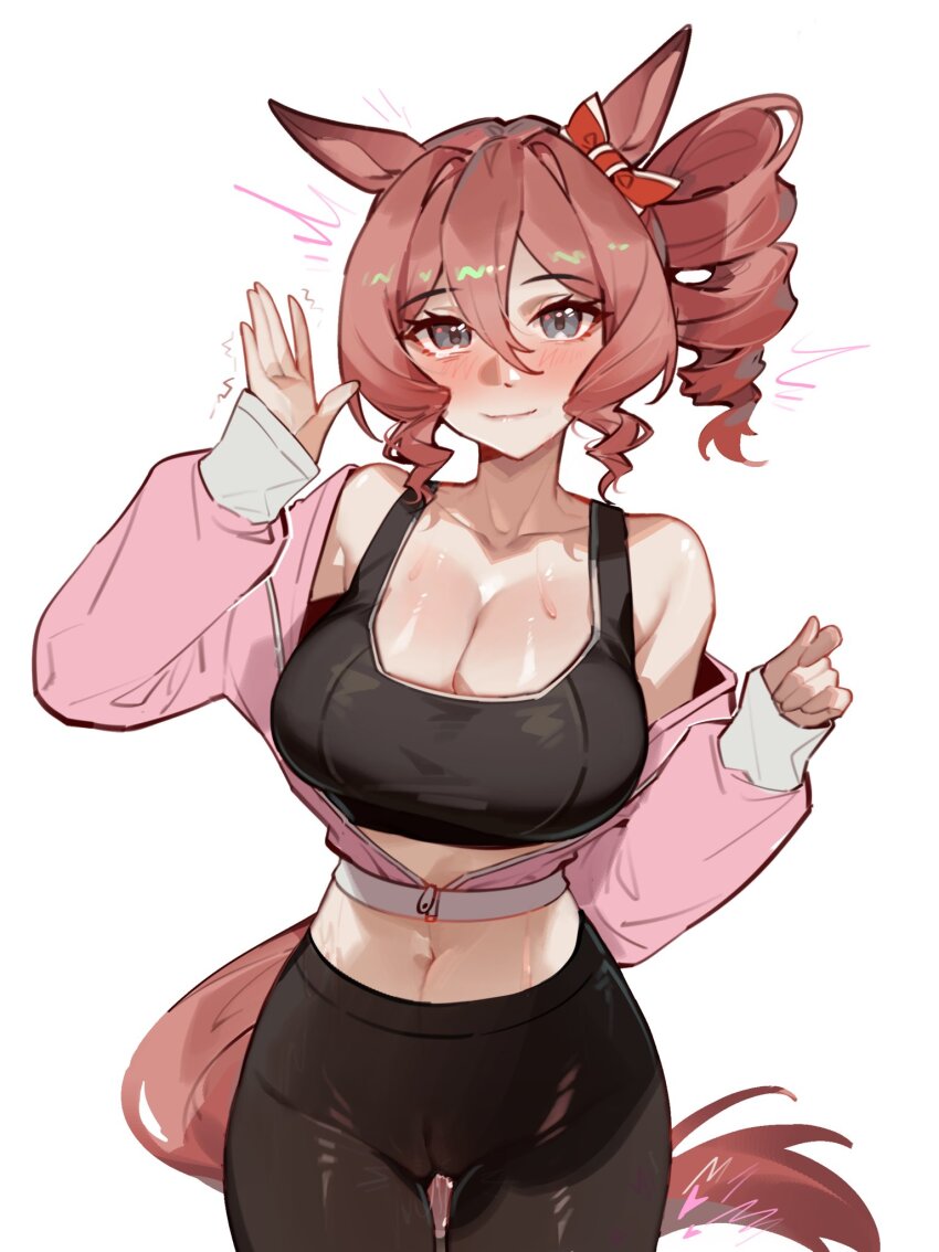1girl animal_ears baobao771100 black_pants blush blussh bow breasts brown_hair cleavage closed_mouth collarbone commentary drill_hair ear_bow grey_eyes hair_between_eyes hand_up highres horse_ears horse_girl horse_tail jacket large_breasts looking_at_viewer norn_ace_(umamusume) pants pink_jacket pussy_juice red_bow short_hair side_ponytail simple_background smile solo sweat symbol-only_commentary tail umamusume umamusume:_cinderella_gray white_background yoga_pants