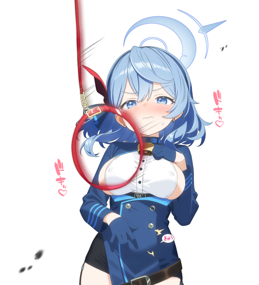 1girl 3: ako_(blue_archive) bell black_skirt blue_archive blue_dress blue_eyes blue_gloves blue_hair blue_halo blush breast_suppress breasts buttons clenched_hand closed_mouth commentary_request covered_erect_nipples cowbell cowboy_shot double-breasted dress earrings embarrassed gloves hair_between_eyes half_gloves halo hand_up heart highres jewelry large_breasts leash long_sleeves looking_at_object looking_at_viewer medium_hair motion_lines mutsuse neck_bell no_bra nose_blush paid_reward_available shirt sideboob sideless_shirt simple_background skirt solo sound_effects stud_earrings sweatdrop v-shaped_eyebrows viewer_holding_leash wavy_mouth white_background white_shirt