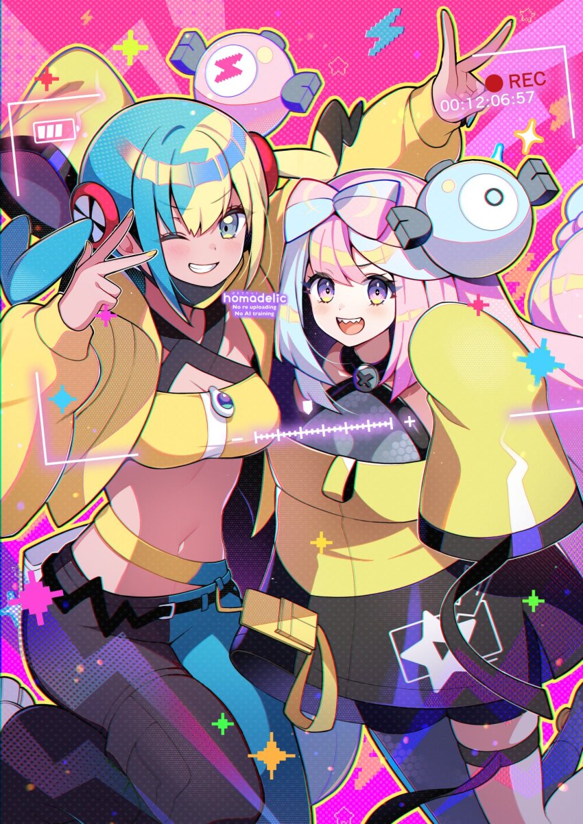 2girls aqua_hair bandeau bare_shoulders belt bike_shorts black_pants black_shorts blonde_hair blue_hair blue_pants blush bow-shaped_hair breasts canari_(pokemon) character_hair_ornament cleavage criss-cross_halter dark-skinned_female dark_skin dress grey_dress grey_pantyhose grin hair_ornament halterneck highres homaderi iono_(pokemon) jacket long_hair long_sleeves looking_at_viewer mask medium_breasts medium_hair mouth_mask multicolored_hair multiple_girls navel nintendo one_eye_closed open_mouth pants pantyhose pantyhose_under_shorts pelvic_curtain pink_hair pokemon pokemon_legends:_z-a pokemon_sv purple_eyes short_dress shorts single_leg_pantyhose sleeves_past_fingers sleeves_past_wrists small_breasts smile split-color_hair thighs trait_connection twintails two-tone_hair two-tone_mask two-tone_pants yellow_bandeau yellow_jacket