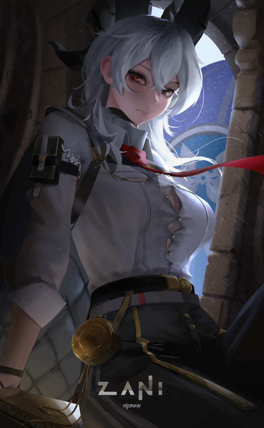 1girl absurdres arm_pouch artist_name black_choker black_horns black_jacket black_pants black_pouch breasts button_gap character_name choker closed_mouth collared_shirt commentary curled_horns english_commentary hair_between_eyes highres horns jacket jacket_on_shoulders large_breasts looking_at_viewer necktie orange_eyes pants red_necktie ritterdraws shirt sitting solo white_hair white_shirt wind wuthering_waves zani_(wuthering_waves)