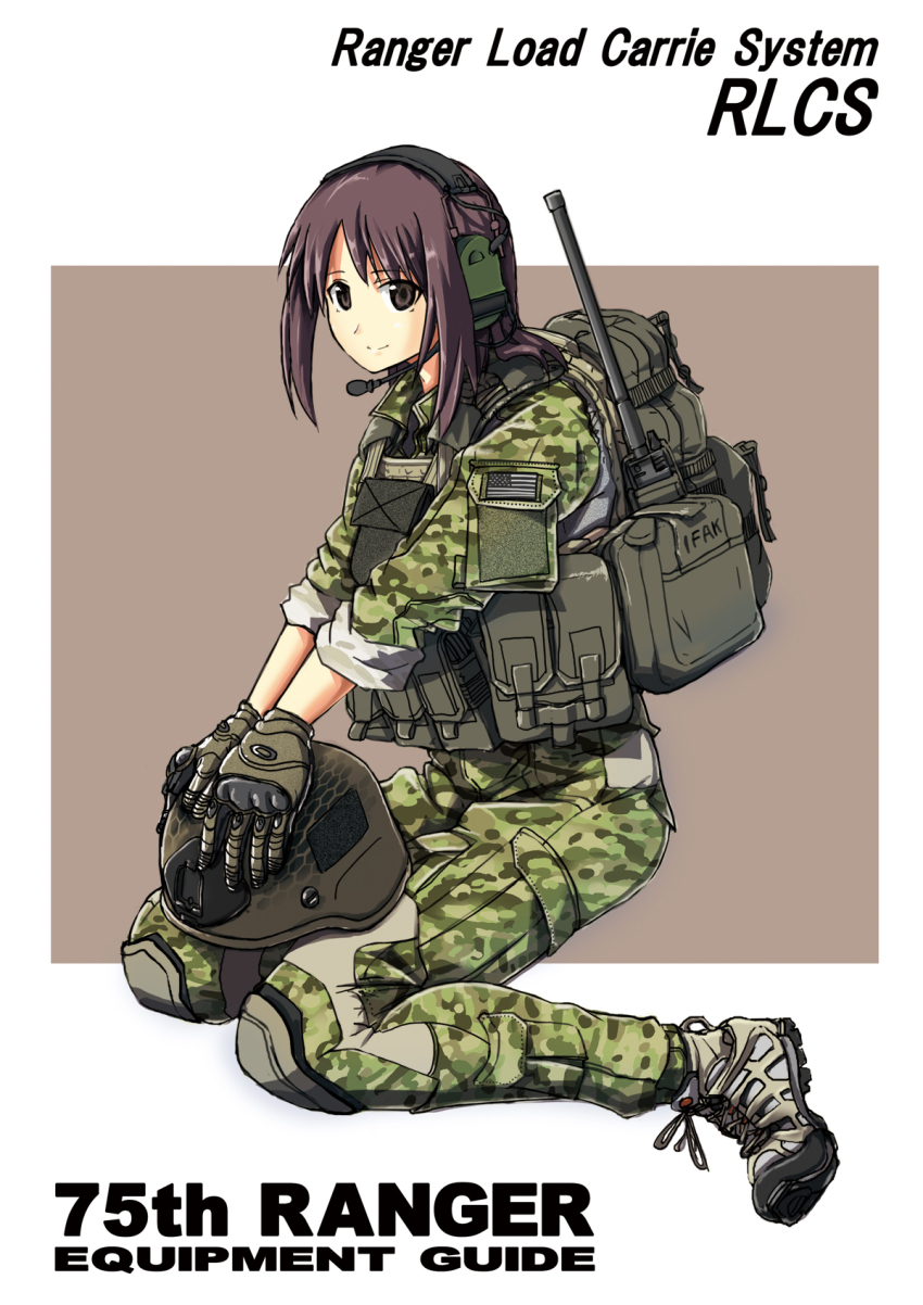 1girl backpack bag boots brown_hair camouflage female_focus gloves green_eyes headphones helmet highres kneeling load_bearing_vest long_hair military military_combat_uniform military_uniform original simple_background smile solo tom_keith united_states_army