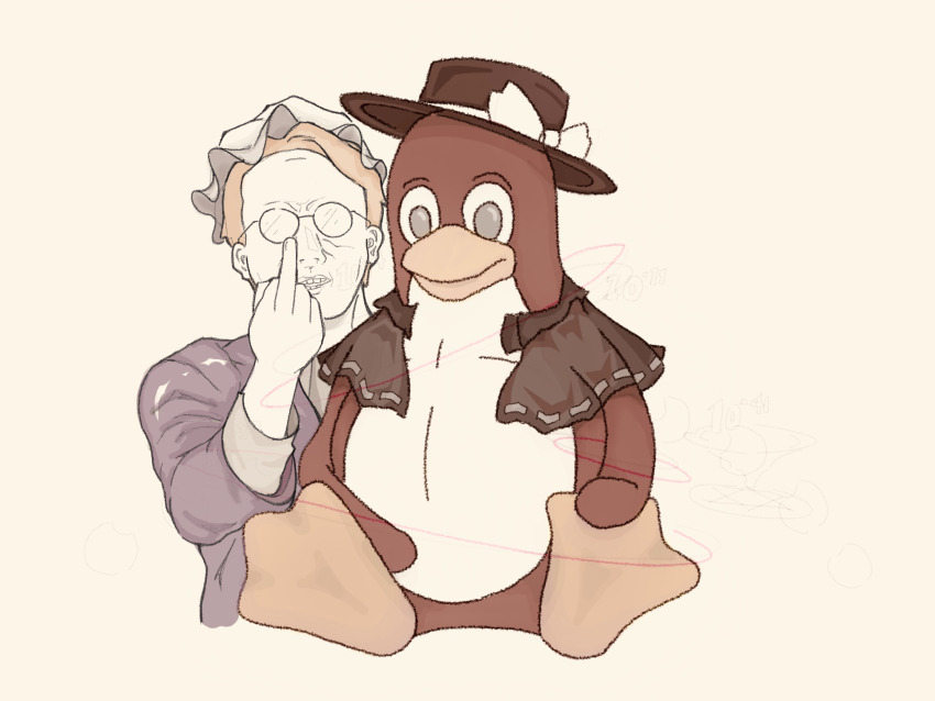 1boy aeki-yi bird blonde_hair bonnet capelet crossdressing glasses hand_up highres linus_torvalds linux looking_at_viewer meme middle_finger open_mouth penguin ribbon-trimmed_capelet ribbon_trim short_hair smile solo tux upper_body white_background