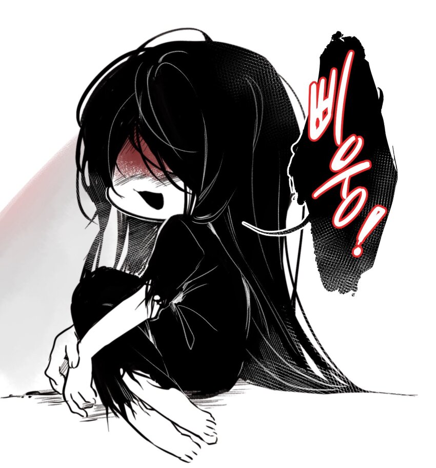 1boy black_hair black_kimono blood blood_on_face chibi full_body highres homicipher japanese_clothes kimono knees_up korean_text long_hair male_focus mr._crawling sitting solo sweeeet_him translation_request very_long_hair white_background