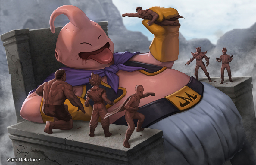 6+boys cape chocolate chuck_norris crossover dc_comics dragon_ball dragonball_z gloves hulk incredible_hulk lord_drakkon majin_buu marvel mighty_morphin_power_rangers monster multiple_boys one-punch_man power_rangers power_rangers_(boom!_studios) purple_cape real_life saitama_(one-punch_man) sam_delatore sitting son_goku superhero_costume superman superman_(series) tongue tongue_out yellow_gloves