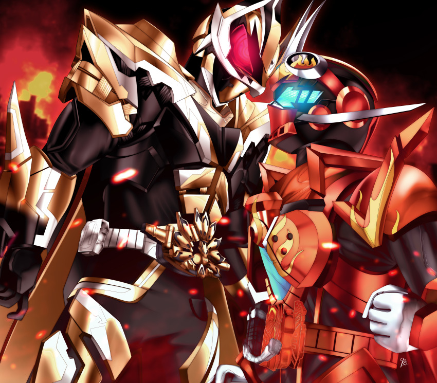 2024 20s 2boys absurdres adk-em alchemist alchemy armor bandai bandai_namco bug core_id_(dooms_geats) desire_driver dooms_geats_buckle fire future gotchardriver gotcharigniter_(daybreak) grasshopper highres insect ishimori_prod kamen_rider kamen_rider_dooms_geats kamen_rider_fire_gotchard_daybreak kamen_rider_geats kamen_rider_geats_(series) kamen_rider_gotchard kamen_rider_gotchard_(series) kamen_rider_gotchard_daybreak multiple_boys nine_tailed_fox reiei_8 reiwa signature toei_company tokusatsu train tv_asahi