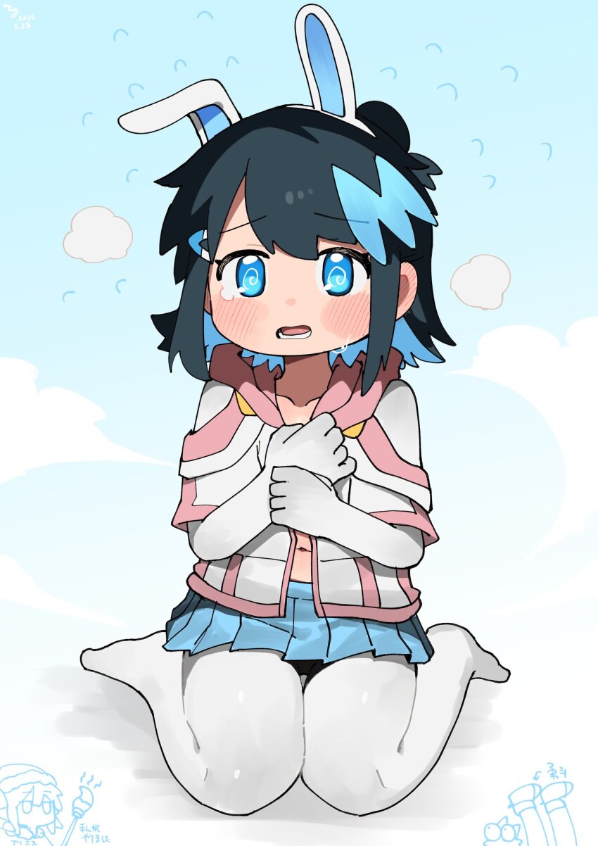 1girl @_@ animal_ears black_hair blue_eyes blue_hair blush colored_inner_hair flying_sweatdrops gradient_background hair_bun highres itoriyo medium_hair meme_attire multicolored_hair navel pleated_skirt rabbit_ears raisei_no_ryu_tsukai reverse_bunnysuit reverse_outfit simple_background sitting skirt sorano_minori wariza