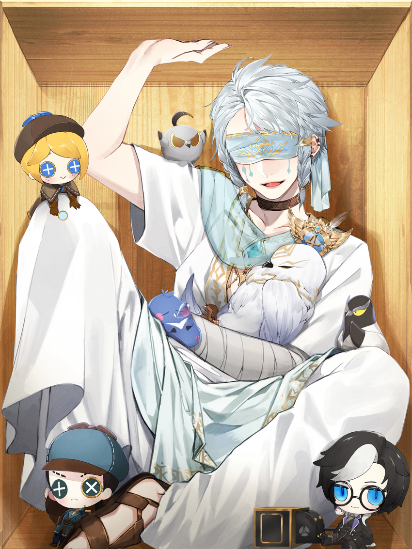aqua_scarf bishounen box braid brown_sandals button_eyes buttons covered_eyes cross eli_clark emma_woods highres identity_v in_box in_container joseph_desaulniers male_focus naib_subedar official_art open_mouth puppet sandals scarf sitting smile twin_braids white_hair