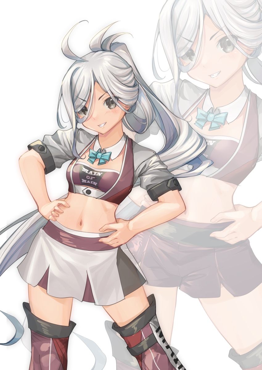 1girl absurdres ahoge aqua-framed_eyewear aqua_bow aqua_bowtie asashimo_(kancolle) bandeau bow bowtie braid clothes_writing commentary_request cowboy_shot cropped_jacket detached_collar dress grey_eyes grey_hair grin hair_between_eyes hair_ribbon hands_on_own_hips highres jacket kantai_collection long_hair looking_at_viewer midriff navel parted_lips pleated_dress ponytail purple_bandeau purple_shorts purple_thighhighs race_queen ribbon shorts skirt smile solo standing thighhighs white_background white_jacket white_ribbon white_skirt yashin_(yasinz) zoom_layer