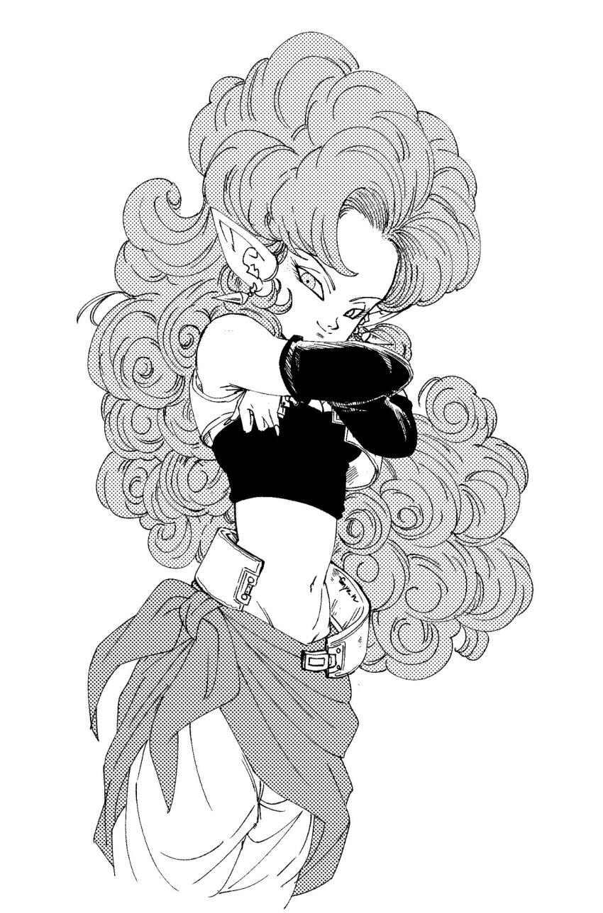 1girl baggy_pants breasts cleavage clothes_pull crossed_arms curly_hair detached_sleeves dragon_ball dragonball_z earrings fenyon floating_hair halftone highres jewelry light_smile long_hair looking_at_viewer medium_breasts midriff monochrome navel pants pointy_ears shirt_pull solo unbuttoned undressing very_long_hair vest zangya