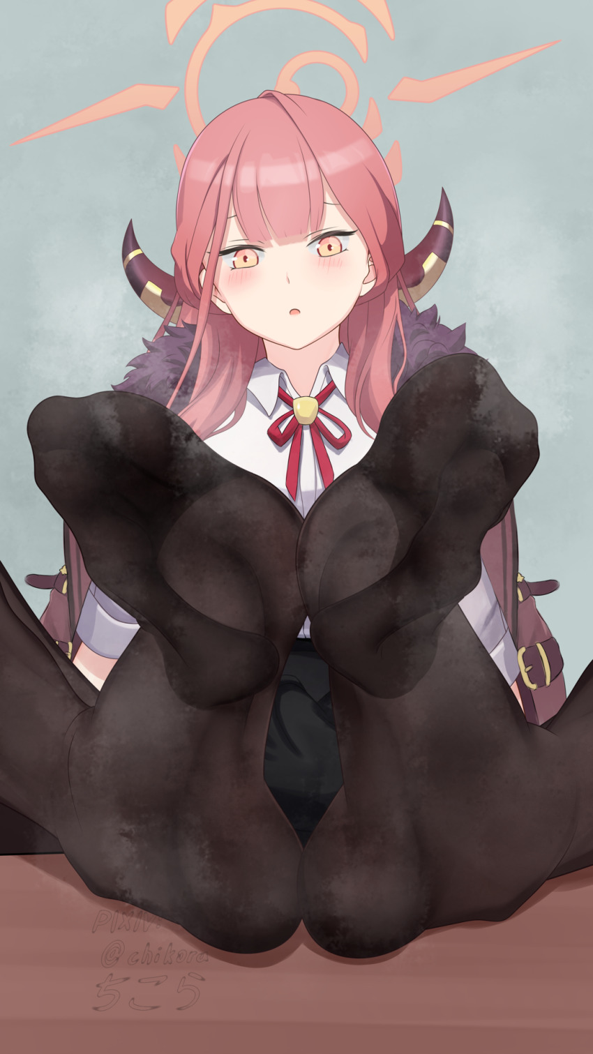 1girl artist_name aru_(blue_archive) black_pantyhose blue_archive blush chikora coat coat_on_shoulders collared_shirt eyelashes feet feet_on_table foot_focus foot_pussy foreshortening fur_collar grey_background halo highres horns long_hair looking_at_viewer neck_ribbon no_shoes open_mouth paid_reward_available pantyhose pink_hair pink_halo red_coat red_ribbon ribbon shirt simple_background sitting smell soles solo spread_toes steam steaming_body toes white_shirt